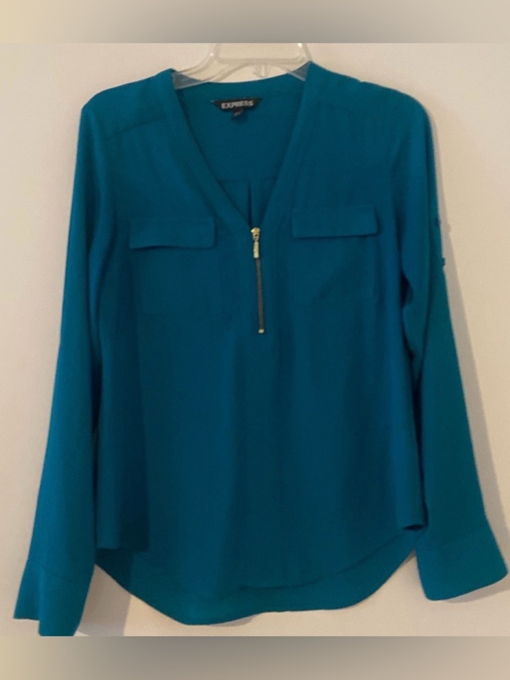 Express Teal Zip-Front V-Neck Blouse - XS
